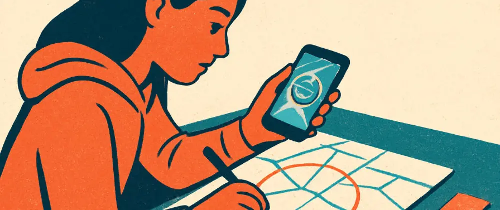 A young person tracing a route on a map beside their phone